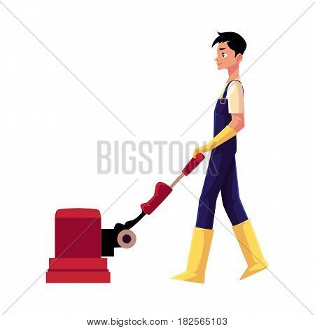 Cleaning service boy, man, cleaner in overalls using floor cleaning machine, side view cartoon vector illustration isolated on white background. Cleaning service boy with floor washing machine
