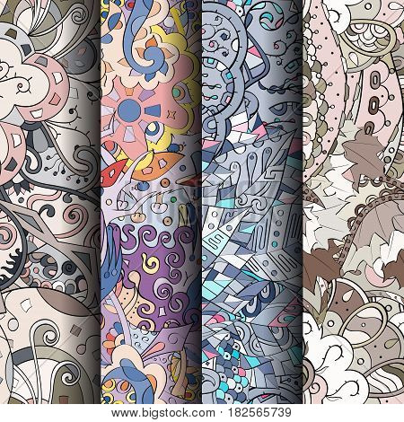 Set Of Tracery Colorful Seamless Patterns. Curved Doodling Backgrounds For Textile Or Printing With