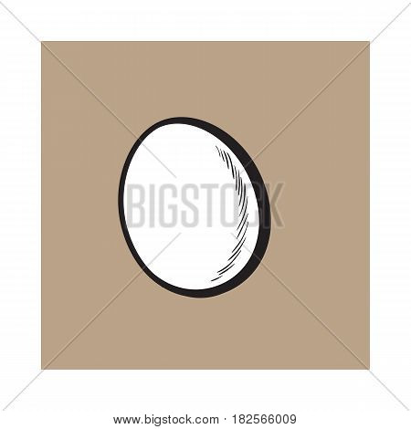 Single whole hard boiled, peeled, unshelled chicken egg, sketch style vector illustration isolated on brown background. Hand drawn, sketched single peeled boiled chicken egg