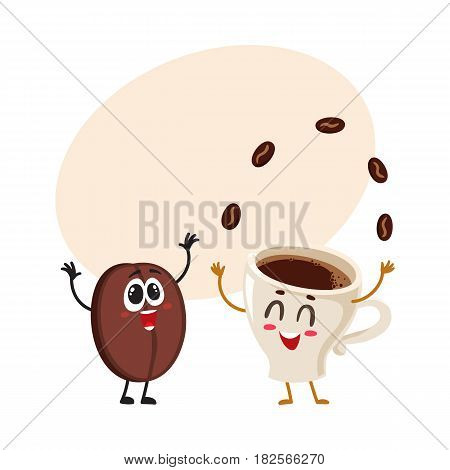 Funny characters of crazy coffee bean and juggling espresso cup, cartoon vector illustration with space for text. Coffee bean hands up from awe and juggling espresso cup characters, mascots