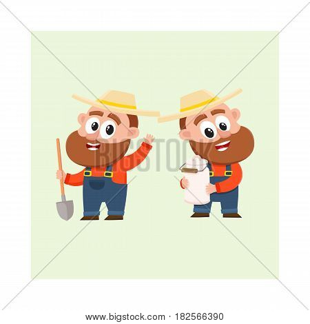 Two funny farmer, gardener characters in straw hat and overalls, one holding shovel another with milk can, cartoon vector illustration isolated on white background. Couple of comic farmer characters