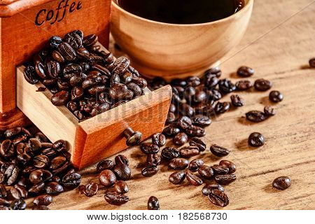 coffee cup on wood table and good morning