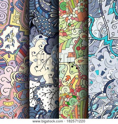 Set Of Tracery Colorful Seamless Patterns. Curved Doodling Backgrounds For Textile Or Printing With
