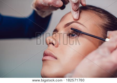 Professional make-up artist makes eye makeup of model. Beauty and fashion concept. Close up.
