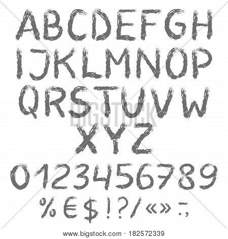 Grunge grey painted engliash alphabet with numbers and symbols. Vector set. Isolated on white background