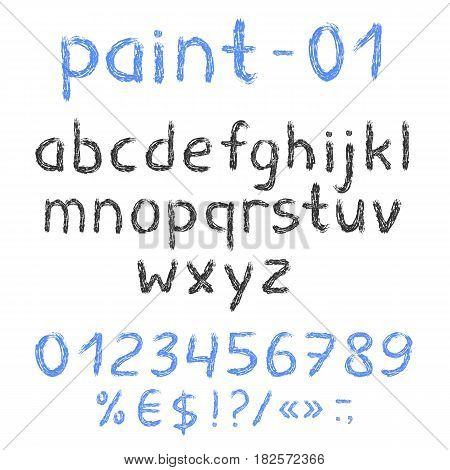 Grunge Grey Painted English Alphabet With Numbers And Symbols. Vector Set. Isolated On White Backgro
