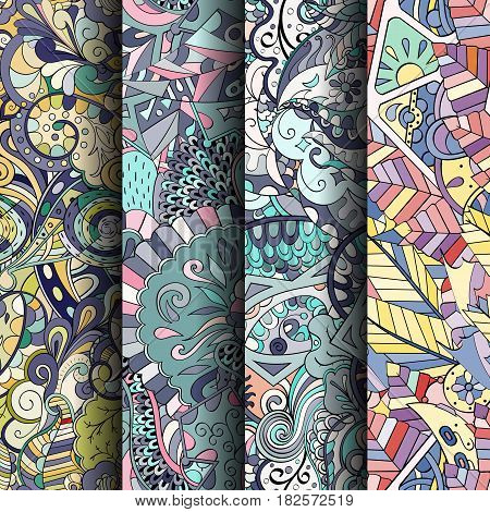 Set Of Tracery Colorful Seamless Patterns. Curved Doodling Backgrounds For Textile Or Printing With