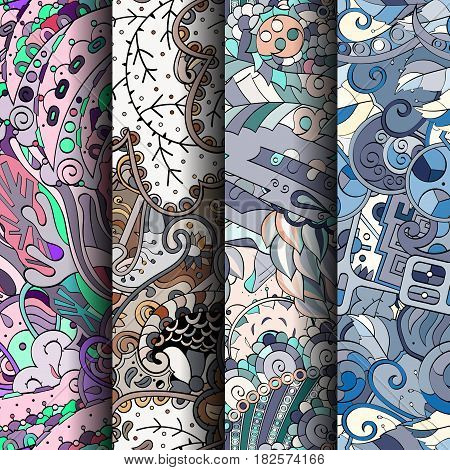 Set Of Tracery Colorful Seamless Patterns. Curved Doodling Backgrounds For Textile Or Printing With