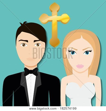 groom and bride with glod cross wedding vector illustration eps 10