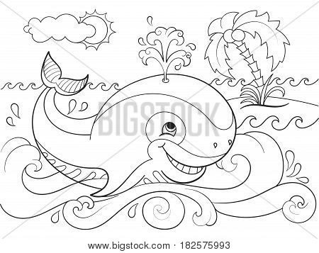 Blue whale on a background of ocean coloring for children cartoon vector illustration. Zentangle style. Black and white