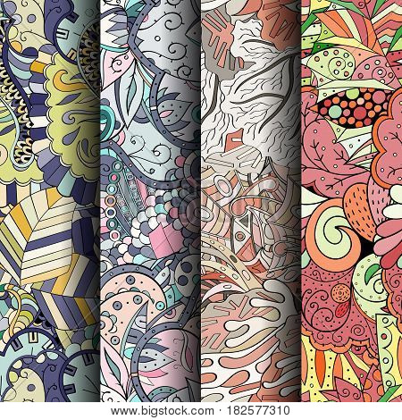 Set Of Tracery Colorful Seamless Patterns. Curved Doodling Backgrounds For Textile Or Printing With