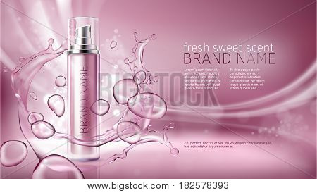 Vector 3D illustration poster with moisturizing cosmetic premium products, pink background with beautiful spray bottle and watery texture