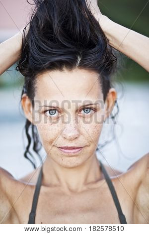 Portrait of sensual woman with freckles, clouse up