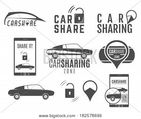Car share logo designs set. Car Sharing concepts. Collective usage of cars via web application. Carsharing icons, elements and symbols collection. Use for webdesign or print.