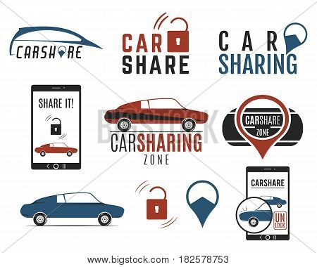 Car share logo designs set. Car Sharing concepts. Collective usage of cars via web application. Carsharing icons, elements and symbols collection. Use for webdesign or print. Color palette.
