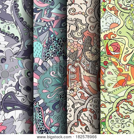 Set Of Tracery Colorful Seamless Patterns. Curved Doodling Backgrounds For Textile Or Printing With