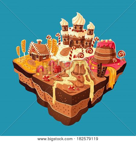 Vector 3D isometric illustration of sweet island with mountains, rivers and waterfall of cakes, cream, chocolate, caramel. Elements of design for games