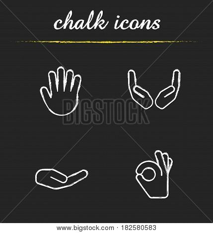 Hand gestures chalk icons set. Begging and cupped hands, palm, ok gesture. Isolated vector chalkboard illustrations