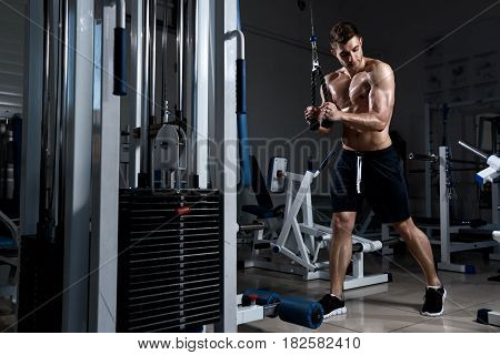 A young muscular man with a naked torso trains a triceps on a exercise machine in the gym