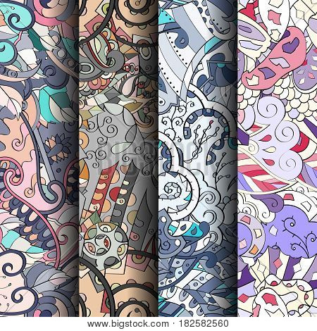 Set Of Tracery Colorful Seamless Patterns. Curved Doodling Backgrounds For Textile Or Printing With