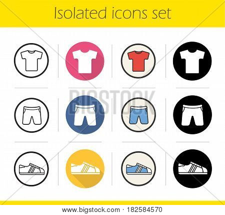Sport clothes store icons set. Flat design, linear, black and color styles. T-shirt, shorts, sneaker. Isolated vector illustrations