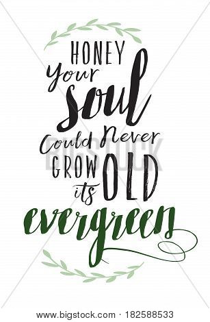 Honey Your Soul could never grow old its Evergreen Calligraphy Vector Typography Design Sheeran Music Lyrics poster with green laurel accents