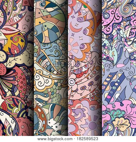 Set Of Tracery Colorful Seamless Patterns. Curved Doodling Backgrounds For Textile Or Printing With