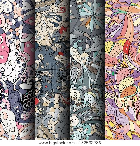 Set Of Tracery Colorful Seamless Patterns. Curved Doodling Backgrounds For Textile Or Printing With