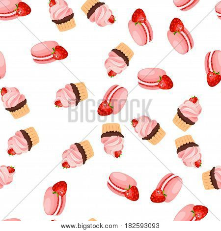 Very high quality original trendy vector seamless pattern with a strawberry chocolate pancake and macaroons