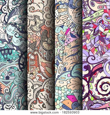 Set Of Tracery Colorful Seamless Patterns. Curved Doodling Backgrounds For Textile Or Printing With