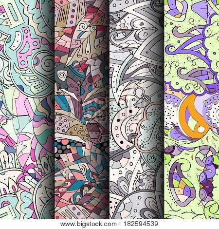 Set Of Tracery Colorful Seamless Patterns. Curved Doodling Backgrounds For Textile Or Printing With
