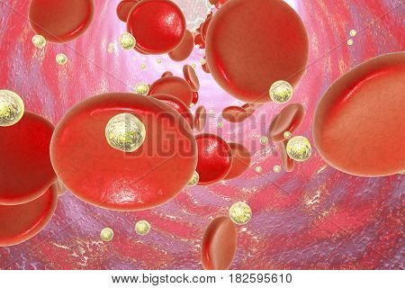 Nanoparticles in blood, 3D illustration. Conceptual image illustrating treatment and diagnostics with nanoparticles
