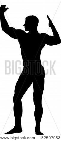 black silhouette athlete bodybuilder with raised muscular arms