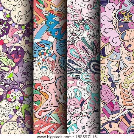 Set Of Tracery Colorful Seamless Patterns. Curved Doodling Backgrounds For Textile Or Printing With