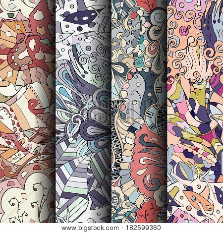 Set Of Tracery Colorful Seamless Patterns. Curved Doodling Backgrounds For Textile Or Printing With