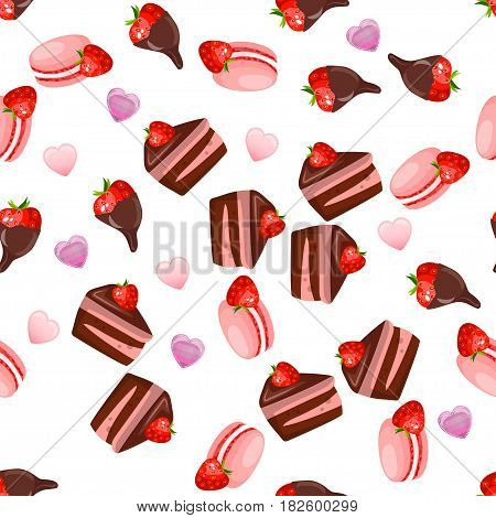 Very high quality original trendy vector seamless pattern with a strawberry in chocolate and macaroons