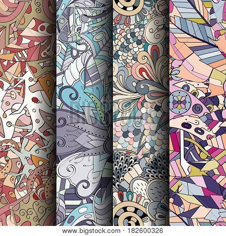Set Of Tracery Colorful Seamless Patterns. Curved Doodling Backgrounds For Textile Or Printing With