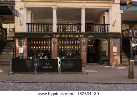 Chester England UK - March 25 2017: The Watergates a fine example of an undercroft a crypt like medieval basement or cellar now used as a bar and restaurant in the historic city of Chester