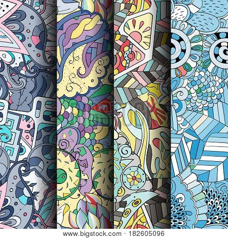 Set Of Tracery Colorful Seamless Patterns. Curved Doodling Backgrounds For Textile Or Printing With
