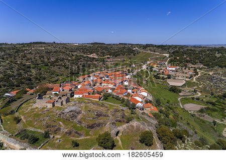 Aerial view of the historic village of Castelo Mendo in Portugal; Concept for travel in Portugal