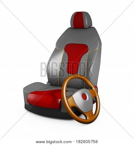 3D Illustration Gray Car Seat And Steering Wheel. Automobile Details
