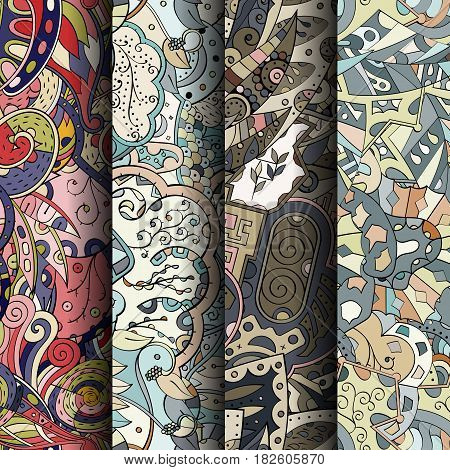 Set Of Tracery Colorful Seamless Patterns. Curved Doodling Backgrounds For Textile Or Printing With