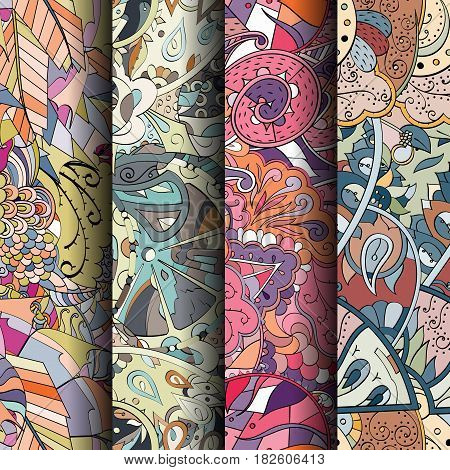 Set Of Tracery Colorful Seamless Patterns. Curved Doodling Backgrounds For Textile Or Printing With