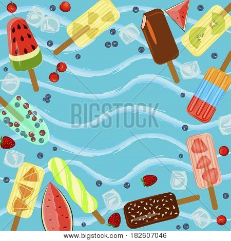 Set of Popsicles with berries and fruits on blue wave background. Top view ice-cream vector illustration eps 10