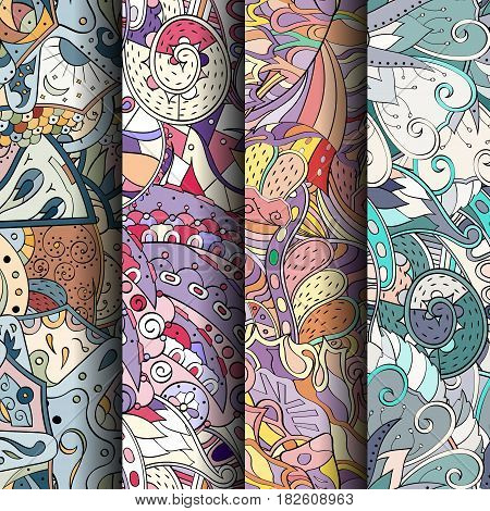 Set Of Tracery Colorful Seamless Patterns. Curved Doodling Backgrounds For Textile Or Printing With