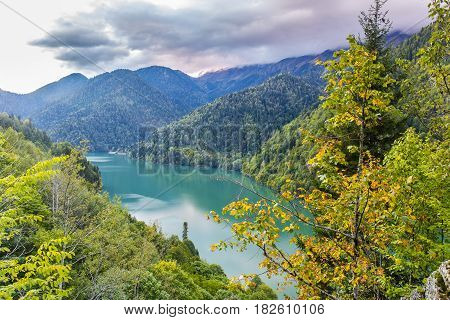 Beautiful summer view on mountain lake Ritsa, Abkhazia