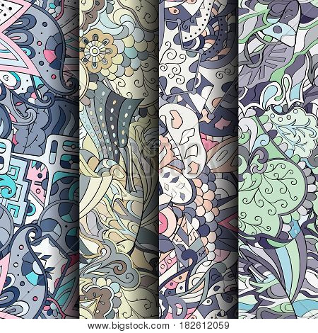 Set Of Tracery Colorful Seamless Patterns. Curved Doodling Backgrounds For Textile Or Printing With