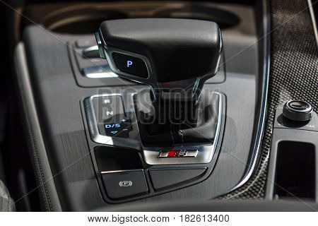 BERLIN - NOVEMBER 09 2016: Showroom. The shifting system of automatic transmissions of the compact executive car Audi S5 Sportback 3.0 TFSI quattro tiptronic. Produced since 2013 (facelifted).