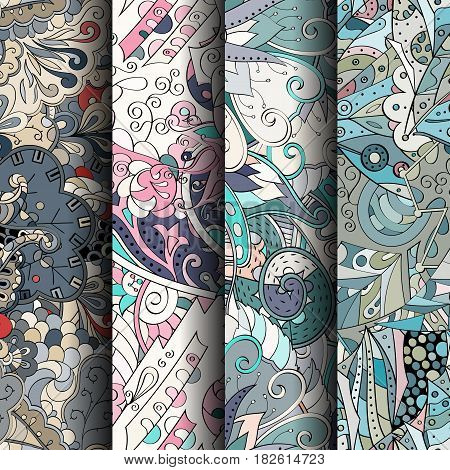Set Of Tracery Colorful Seamless Patterns. Curved Doodling Backgrounds For Textile Or Printing With