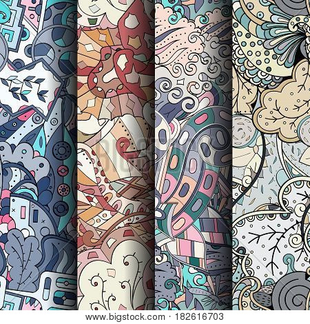 Set Of Tracery Colorful Seamless Patterns. Curved Doodling Backgrounds For Textile Or Printing With